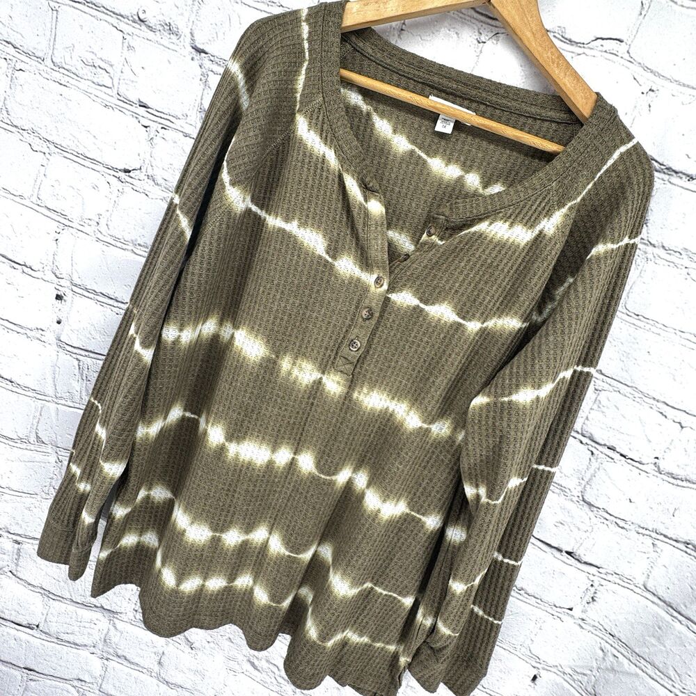 SONOMA Henley Top Women's 1X Plus Green White Tie Dye Waffle Knit Thermal